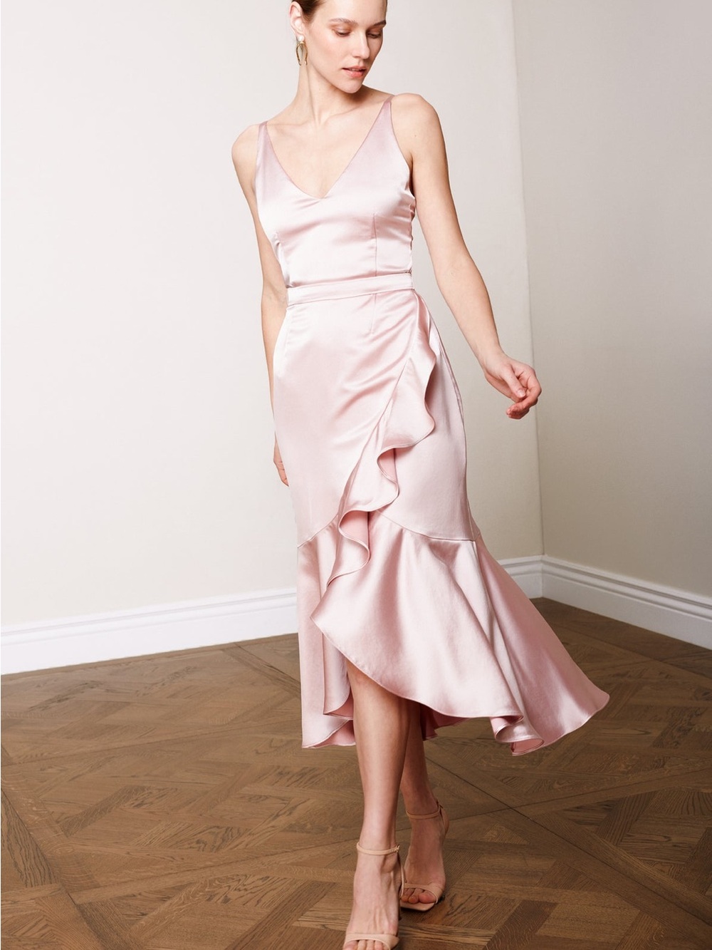 Undress Nuita Dusty Pink Satin Bias Frill Midi Dress Size S NWT